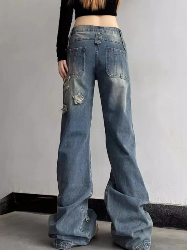 HOUZHOU Y2k anii 2000 blugi evazați femei vintage pantaloni de denim spălați estetici Skinny Gyaru Acubi Moda coreeană Harajuku Streetwear