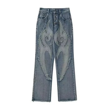 Ретро висококачествени мъжки бродирани изпрани дънки Американски пачуърк широки прави панталони за мъже и жени