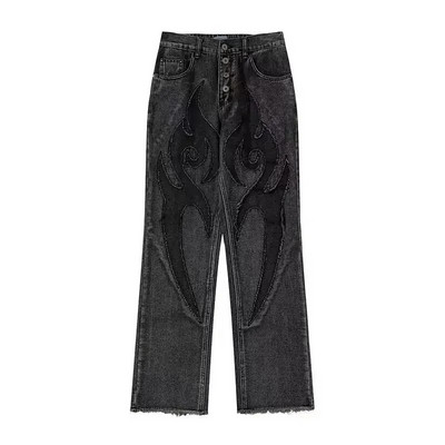 Bărbați retro de înaltă calitate, blugi spălați brodați, bărbați și femei, patchwork americani, pantaloni drepti largi