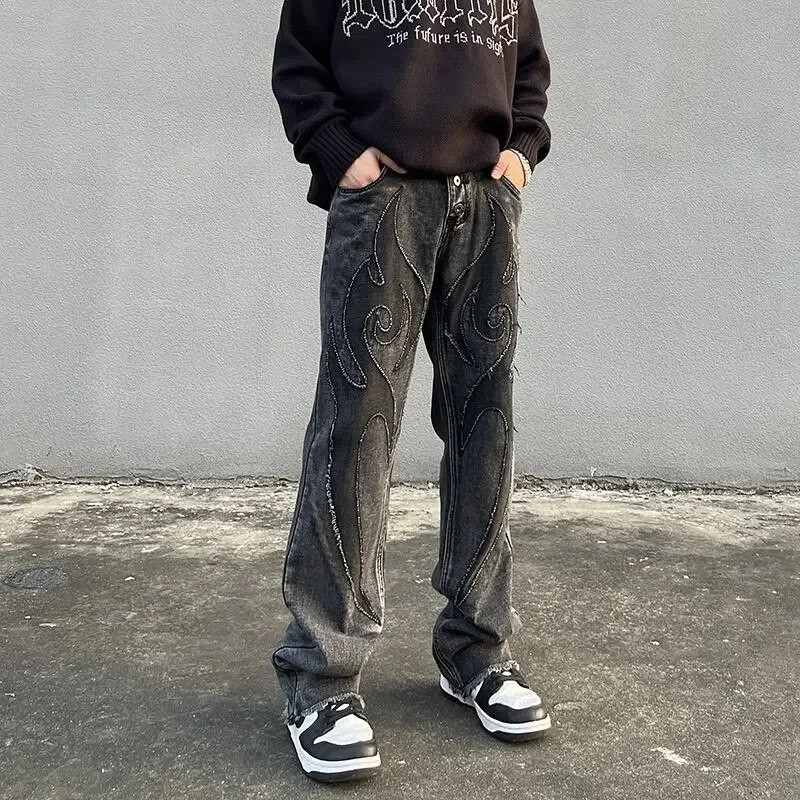 Bărbați retro de înaltă calitate, blugi spălați brodați, bărbați și femei, patchwork americani, pantaloni drepti largi