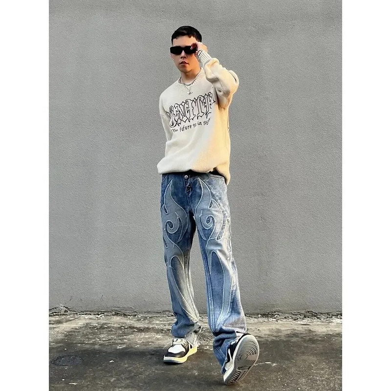 Bărbați retro de înaltă calitate, blugi spălați brodați, bărbați și femei, patchwork americani, pantaloni drepti largi