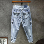 2023, primăvară și toamnă, noua modă clasică, blugi cargo albaștri, ocazional pentru bărbați, largi, confortabili, dimensiuni mari, pantaloni haren de înaltă calitate