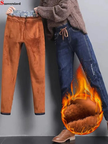 Χειμερινό βελούδινο τζιν με ψηλόμεσο χαρέμι Big Szie 80kg Lace Up Τζιν παντελόνι Vintage Thicken Vaqueros Warm Baggy Kot Pantolon