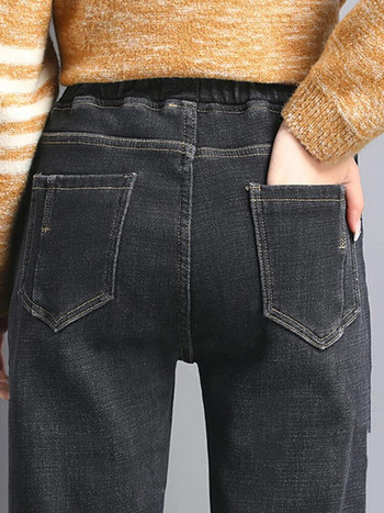 Χειμερινό βελούδινο τζιν με ψηλόμεσο χαρέμι Big Szie 80kg Lace Up Τζιν παντελόνι Vintage Thicken Vaqueros Warm Baggy Kot Pantolon
