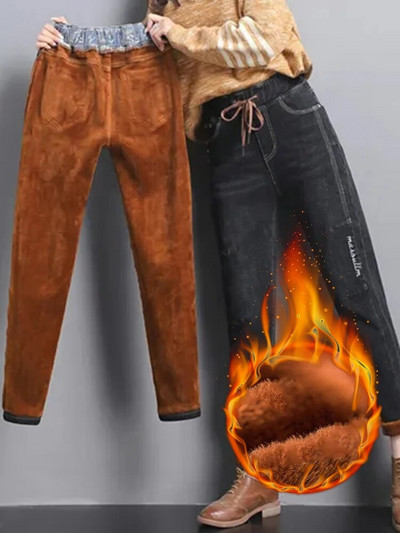 Žiemos pliušinis pamušalas aukštu juosmeniu Harem Džinsai Big Szie 80kg Suvarstomos džinsinės kelnės Vintage Thicken Vaqueros Warm Baggy Kot Pantolon