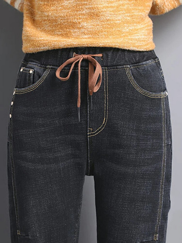 Žiemos pliušinis pamušalas aukštu juosmeniu Harem Džinsai Big Szie 80kg Suvarstomos džinsinės kelnės Vintage Thicken Vaqueros Warm Baggy Kot Pantolon