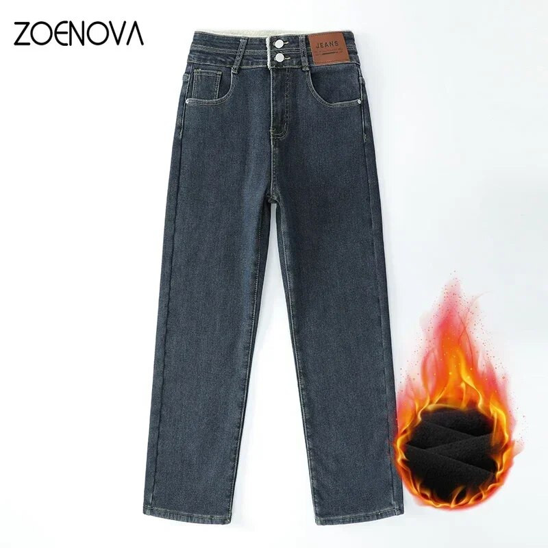 ZOENOVA Ženske debele baršunaste uske traperice visokog struka 2023. Zimske jednostavne tople uske rastezljive ženske traper hlače 2023.