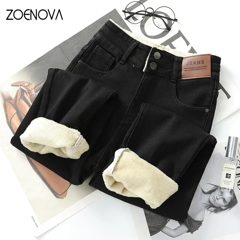 ZOENOVA Ženske debele baršunaste uske traperice visokog struka 2023. Zimske jednostavne tople uske rastezljive ženske traper hlače 2023.