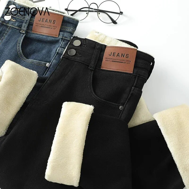 ZOENOVA Ženske debele baršunaste uske traperice visokog struka 2023. Zimske jednostavne tople uske rastezljive ženske traper hlače 2023.