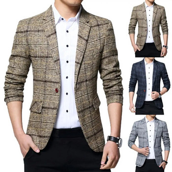 Παλτό σακάκι πέτο Slim κοστούμι με ένα κουμπί Blazer Ανδρική μόδα καρό Slim-Business