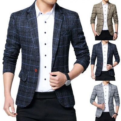Coat Lapel Jacket Slim Suit One Button Fit Blazer Men Fashion Plaid Slim-Business