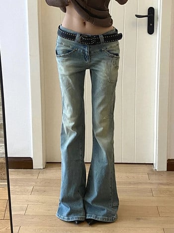 Жени Gyaru Japanese Harajuku Y2K Streetwear Ниски разкроени дънкови панталони Дънки от 2000 г. Винтидж панталони с камбанка Kpop Goth Tide