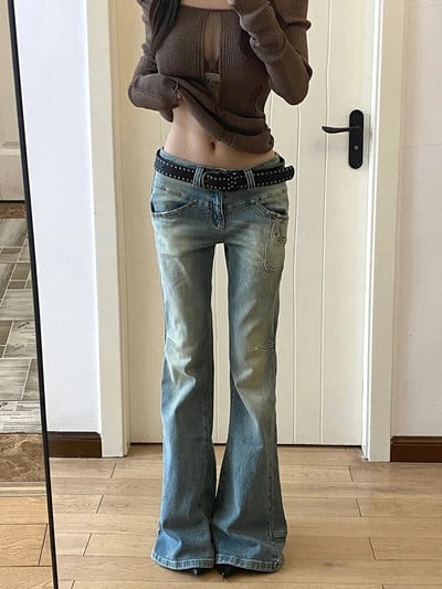 Femei Gyaru japonez Harajuku Y2K Streetwear Pantaloni flare din denim cu talie joasă Blugi anii 2000 Pantaloni vintage cu fundul clopot Kpop Goth Tide
