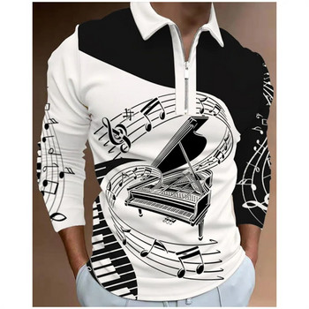 Ανδρικό πουκάμισο πόλο πουκάμισο γκολφ γραφικές νότες εκτύπωσης Outdoor Street με μακρυμάνικο φερμουάρ Ένδυση μόδας Casual Breathab