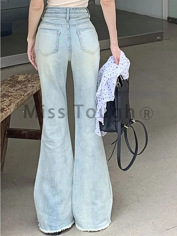 Есенни корейски модни кльощави панталони Дамски ретро дизайнерски дънкови панталони с волани Дамски джобове с висока талия Елегантни ежедневни панталони 2023