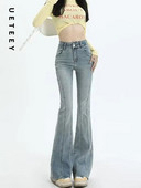 UETEEY kék, magas derekú farmerek Flare Skinny Pants Streetwear nadrágok Y2k Fashion 2023 Vintage Sweet Denim Pants Mom Jeans