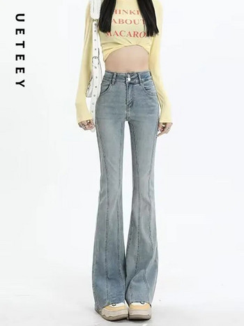 UETEEY Сини дънки с висока талия Flare Skinny Pants Streetwear панталони Y2k Fashion 2023 Vintage Sweet Denim Pants Mom Jeans