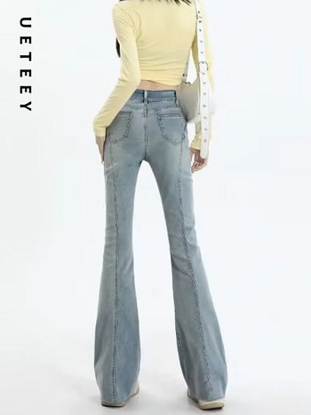UETEEY Μπλε ψηλόμεσο τζιν Flare στενό παντελόνι Streetwear Παντελόνι Y2k Fashion 2023 Vintage Sweet Denim Παντελόνι Mom Jeans