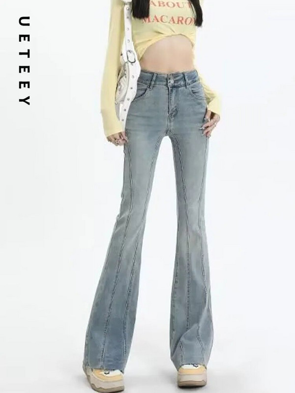 UETEEY kék, magas derekú farmerek Flare Skinny Pants Streetwear nadrágok Y2k Fashion 2023 Vintage Sweet Denim Pants Mom Jeans