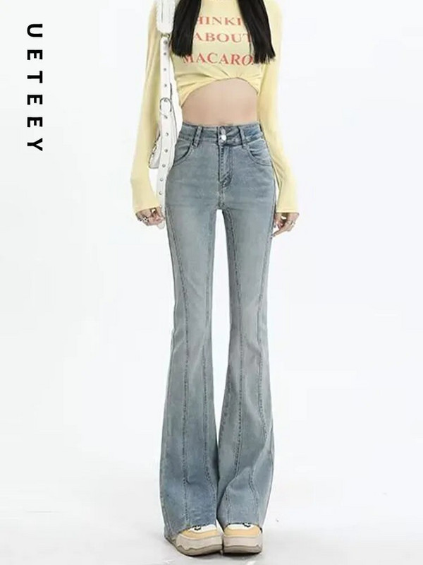 UETEEY kék, magas derekú farmerek Flare Skinny Pants Streetwear nadrágok Y2k Fashion 2023 Vintage Sweet Denim Pants Mom Jeans
