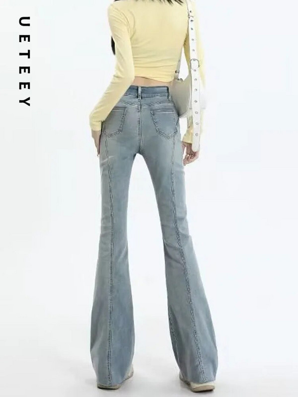 UETEEY kék, magas derekú farmerek Flare Skinny Pants Streetwear nadrágok Y2k Fashion 2023 Vintage Sweet Denim Pants Mom Jeans