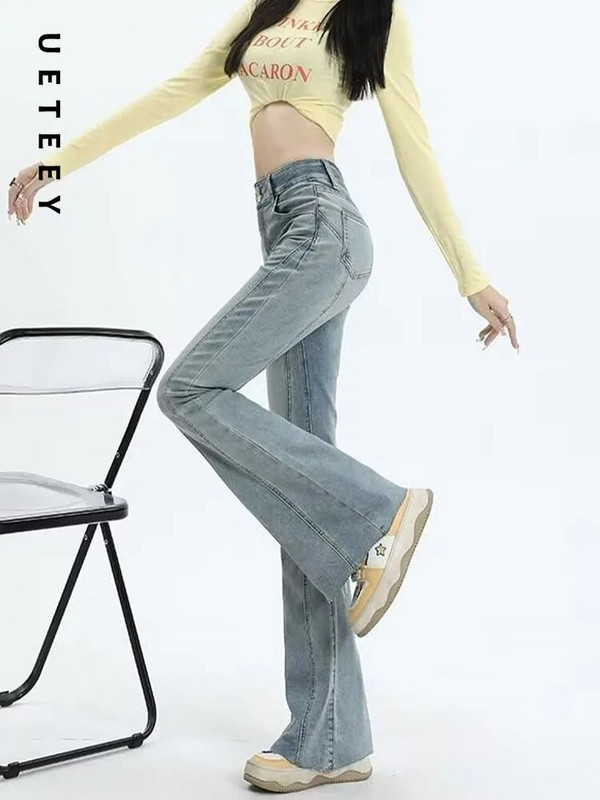 UETEEY kék, magas derekú farmerek Flare Skinny Pants Streetwear nadrágok Y2k Fashion 2023 Vintage Sweet Denim Pants Mom Jeans