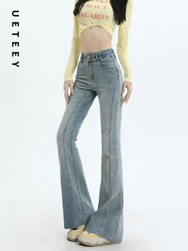 UETEEY kék, magas derekú farmerek Flare Skinny Pants Streetwear nadrágok Y2k Fashion 2023 Vintage Sweet Denim Pants Mom Jeans