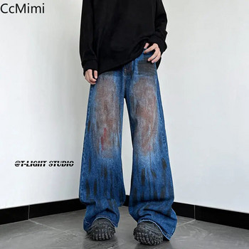 Ретро модни High Street изпрани стари градиентни сини дънки, боядисани с малка лента Harajuku Y2K дънки, мъжки широки панталони
