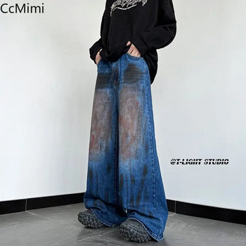 Ретро модни High Street изпрани стари градиентни сини дънки, боядисани с малка лента Harajuku Y2K дънки, мъжки широки панталони