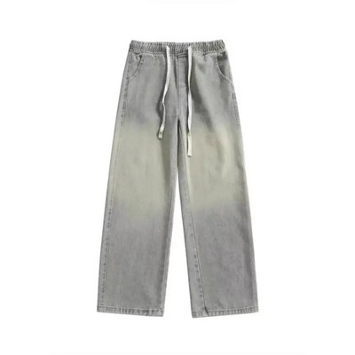 Blugi albaștri degradați vechi spălați pe stradă de modă vintage, blugi Harajuku Y2K vopsiți în bandă mică, pantaloni pentru bărbați cu picioare largi