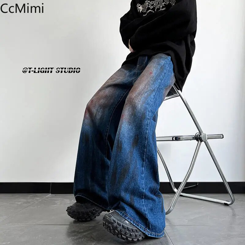 Blugi albaștri degradați vechi spălați pe stradă de modă vintage, blugi Harajuku Y2K vopsiți în bandă mică, pantaloni pentru bărbați cu picioare largi