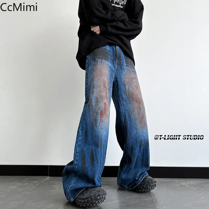 Blugi albaștri degradați vechi spălați pe stradă de modă vintage, blugi Harajuku Y2K vopsiți în bandă mică, pantaloni pentru bărbați cu picioare largi