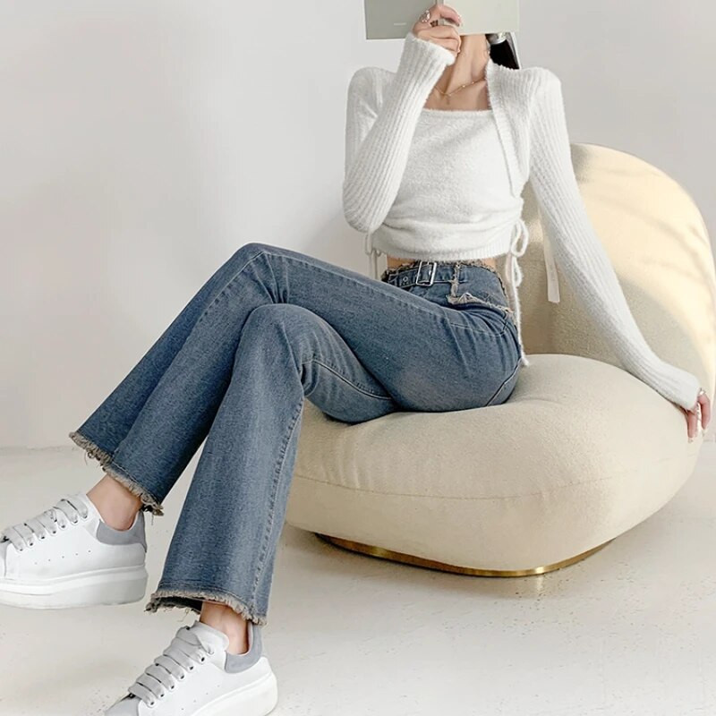 Blugi evazați femei cu ciucuri Skinny High Street Cool Design vintage Fetiță Elegant Sexy All-match Casual Chic Ulzzang джинсы De bază