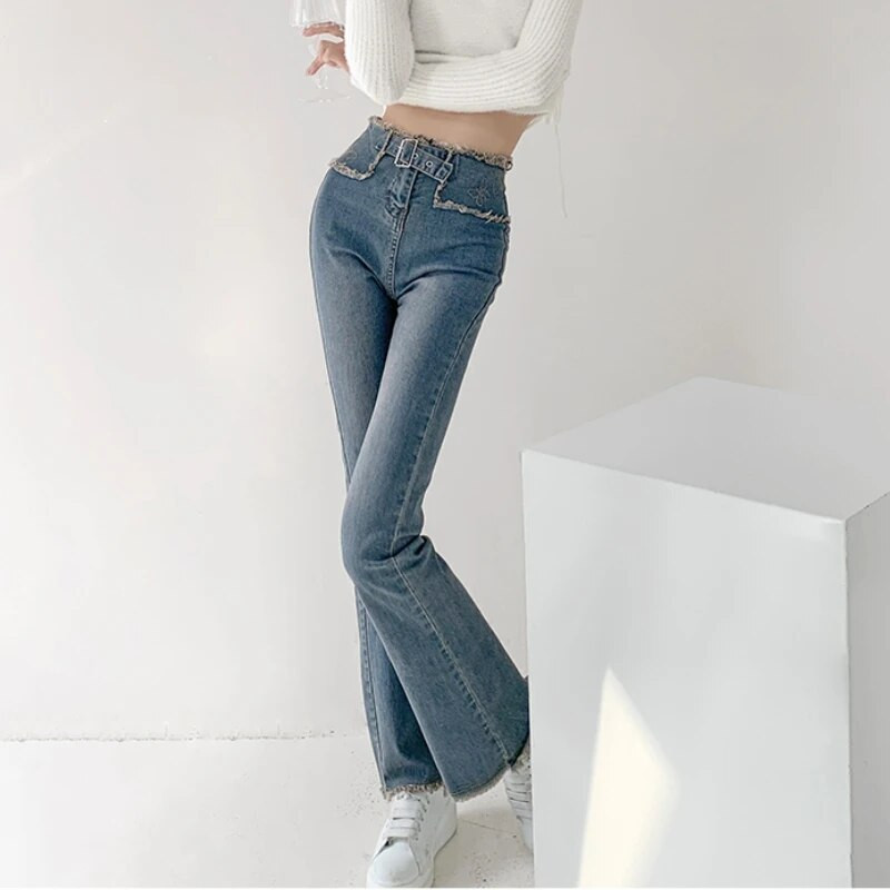 Blugi evazați femei cu ciucuri Skinny High Street Cool Design vintage Fetiță Elegant Sexy All-match Casual Chic Ulzzang джинсы De bază