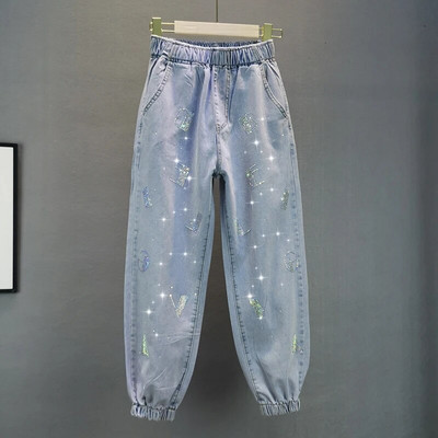 DEAT Blugi pentru femei cu talie înaltă, cu inimă, cu litere în formă de diamant, largi, subțiri, albastru deschis, pantaloni harem din denim 2024, primăvară, modă nouă 29L6106