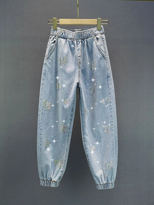 DEAT Blugi pentru femei cu talie înaltă, cu inimă, cu litere în formă de diamant, largi, subțiri, albastru deschis, pantaloni harem din denim 2024, primăvară, modă nouă 29L6106