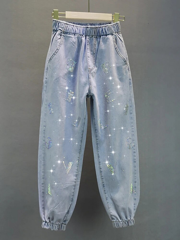 DEAT Blugi pentru femei cu talie înaltă, cu inimă, cu litere în formă de diamant, largi, subțiri, albastru deschis, pantaloni harem din denim 2024, primăvară, modă nouă 29L6106