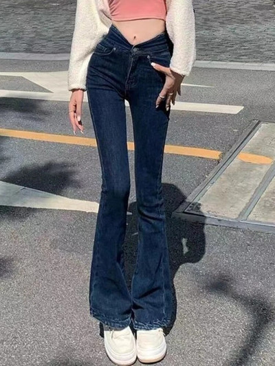 Blugi evazați Femei Vintage Skinny De bază Casual Streetwear All-match Stil coreean Spălat cu talie înaltă Simplu șic Lungime întreagă La modă