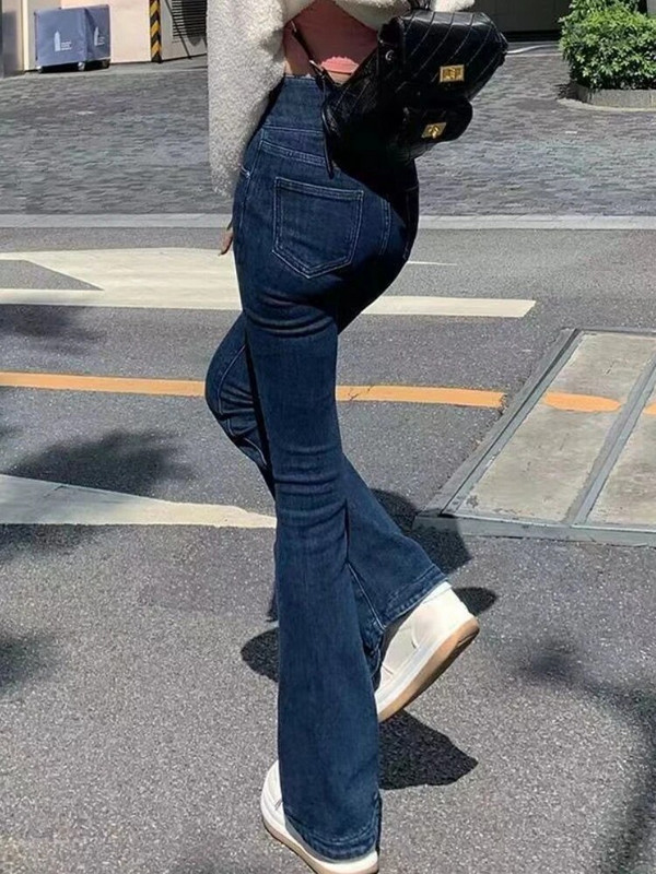 Blugi evazați Femei Vintage Skinny De bază Casual Streetwear All-match Stil coreean Spălat cu talie înaltă Simplu șic Lungime întreagă La modă