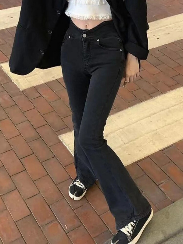 Blugi evazați Femei Vintage Skinny De bază Casual Streetwear All-match Stil coreean Spălat cu talie înaltă Simplu șic Lungime întreagă La modă