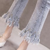 Divat magas derekú körömgyöngy farmer Női alkalmi utcai ruha Lim-fit szőrmével bélelt farmer nadrág Női lányok vintage csengő alsó