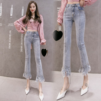Μόδα ψηλόμεσο καρφί με χάντρες τζιν Γυναικεία casual streetwear τζιν παντελόνι με γούνα Γυναικεία κορίτσια Vintage παντελόνι καμπάνα