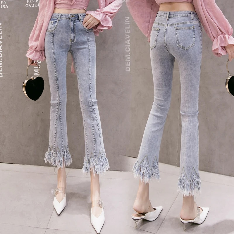 Divat magas derekú körömgyöngy farmer Női alkalmi utcai ruha Lim-fit szőrmével bélelt farmer nadrág Női lányok vintage csengő alsó