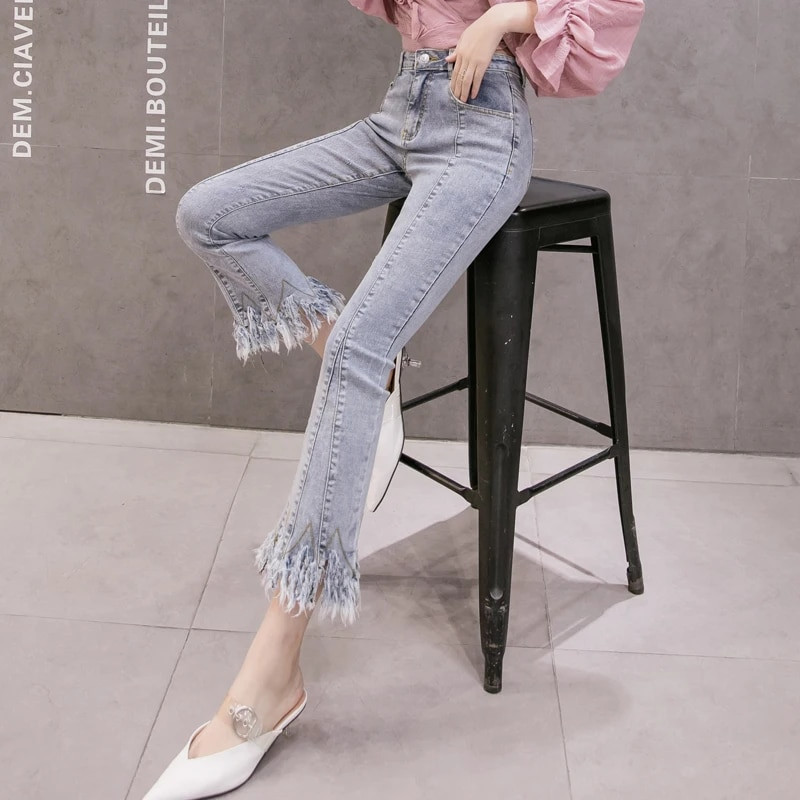 Divat magas derekú körömgyöngy farmer Női alkalmi utcai ruha Lim-fit szőrmével bélelt farmer nadrág Női lányok vintage csengő alsó