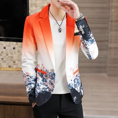 Muški cvjetni blejzeri, modni korejski gradijent inspirirani printovi, otmjeni cvjetni sako, ležerna, uska jakna, muška odjeća