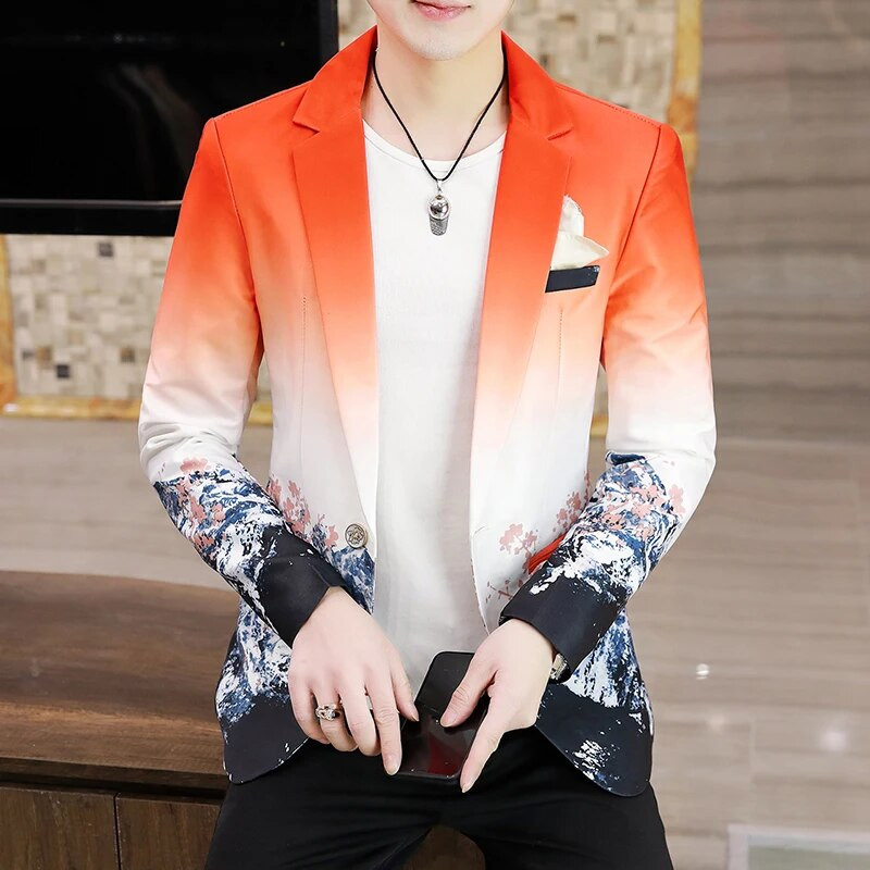 Vyriški gėlėti švarkai Madingi korėjietiško gradiento įkvėpti spaudiniai Puošnūs gėlėti kostiumai Švarkas Laisvalaikio plono stiliaus švarkas Vyriški drabužiai