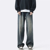 Proljetne i jesenske traperice Muška odjeća Vintage isprane ravne hlače Jednobojne široke hlače s gumbima A049