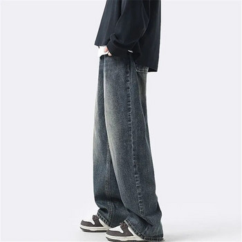Ανοιξιάτικο και Φθινόπωρο Τζιν Ανδρικά ρούχα Vintage Wash ίσιο παντελόνι Μονόχρωμη τσέπη με κουμπί Φαρδύ παντελόνι A049