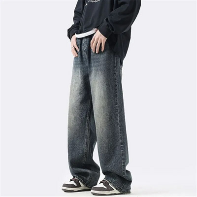 Proljetne i jesenske traperice Muška odjeća Vintage isprane ravne hlače Jednobojne široke hlače s gumbima A049