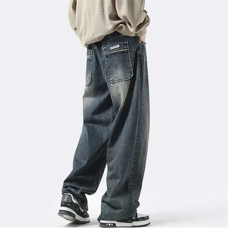 Proljetne i jesenske traperice Muška odjeća Vintage isprane ravne hlače Jednobojne široke hlače s gumbima A049